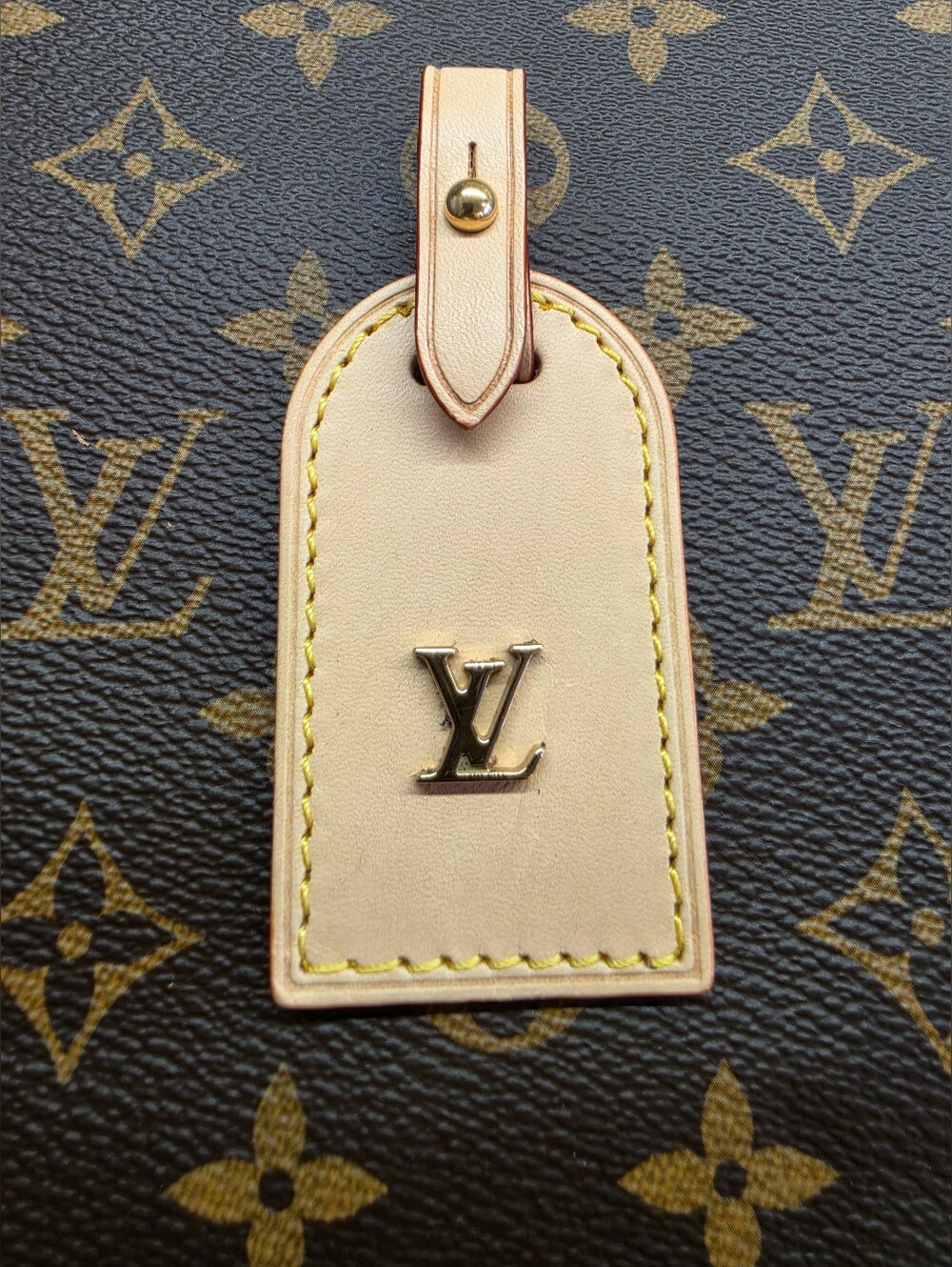 Louis Vuitton Cream Leather Name Tag with Gold LV Emblem